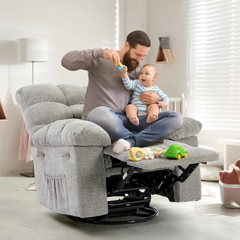 Fauteuil inclinable à bascule, fauteuil à bascule pivotant à 360° pour salon, fauteuil de nurserie rembourré en tissu avec poche latérale