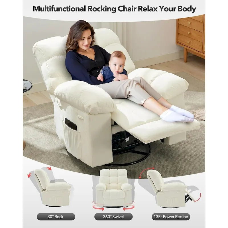Fauteuil inclinable à bascule, fauteuil à bascule pivotant à 360° pour salon, fauteuil de nurserie rembourré en tissu avec poche latérale