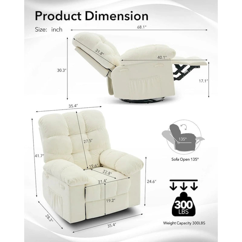 Fauteuil inclinable à bascule, fauteuil à bascule pivotant à 360° pour salon, fauteuil de nurserie rembourré en tissu avec poche latérale