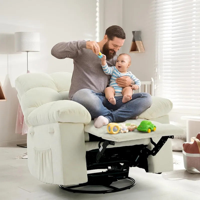Fauteuil inclinable à bascule, fauteuil à bascule pivotant à 360° pour salon, fauteuil de nurserie rembourré en tissu avec poche latérale
