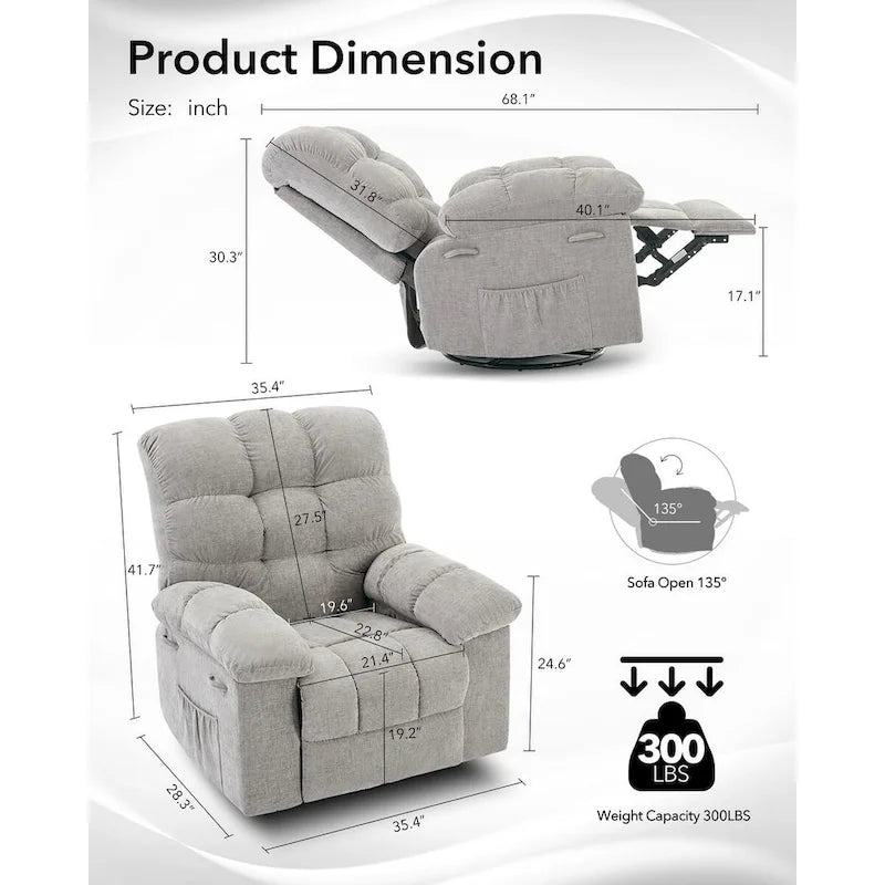 Fauteuil inclinable à bascule, fauteuil à bascule pivotant à 360° pour salon, fauteuil de nurserie rembourré en tissu avec poche latérale