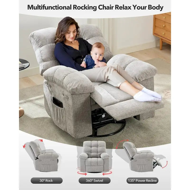Fauteuil inclinable à bascule, fauteuil à bascule pivotant à 360° pour salon, fauteuil de nurserie rembourré en tissu avec poche latérale