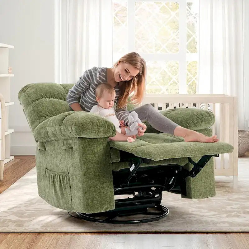 Fauteuil inclinable à bascule, fauteuil à bascule pivotant à 360° pour salon, fauteuil de nurserie rembourré en tissu avec poche latérale