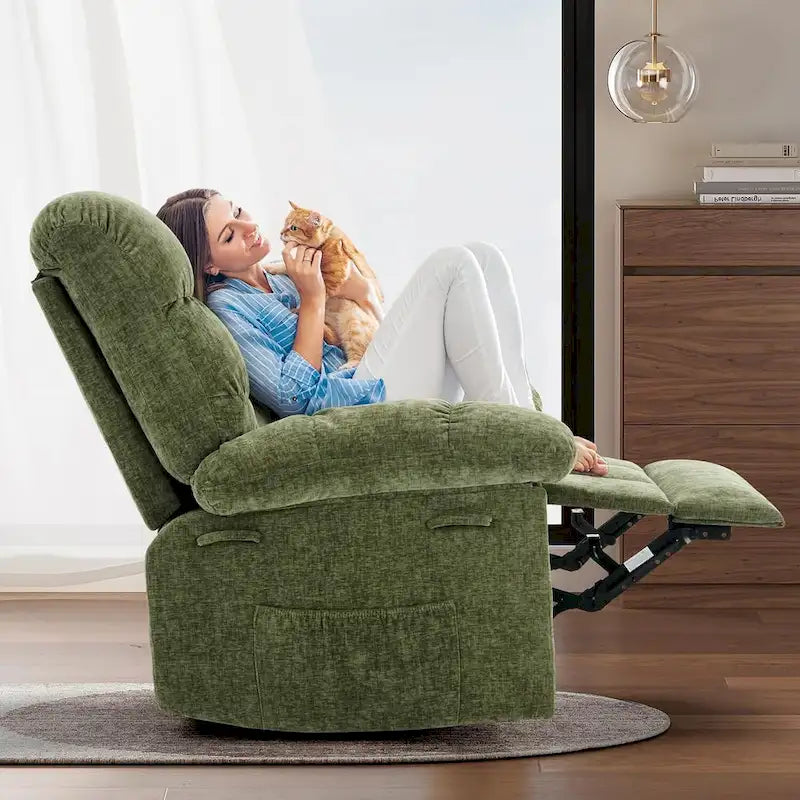 Fauteuil inclinable à bascule, fauteuil à bascule pivotant à 360° pour salon, fauteuil de nurserie rembourré en tissu avec poche latérale