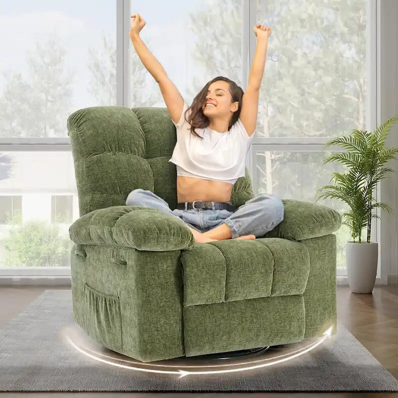 Fauteuil inclinable à bascule, fauteuil à bascule pivotant à 360° pour salon, fauteuil de nurserie rembourré en tissu avec poche latérale