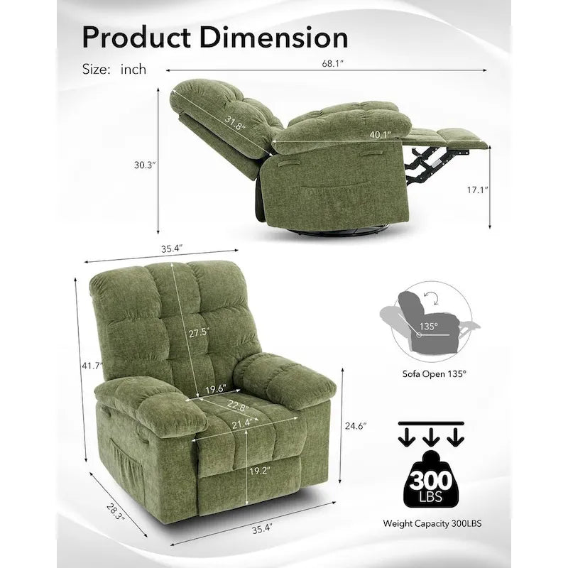 Fauteuil inclinable à bascule, fauteuil à bascule pivotant à 360° pour salon, fauteuil de nurserie rembourré en tissu avec poche latérale