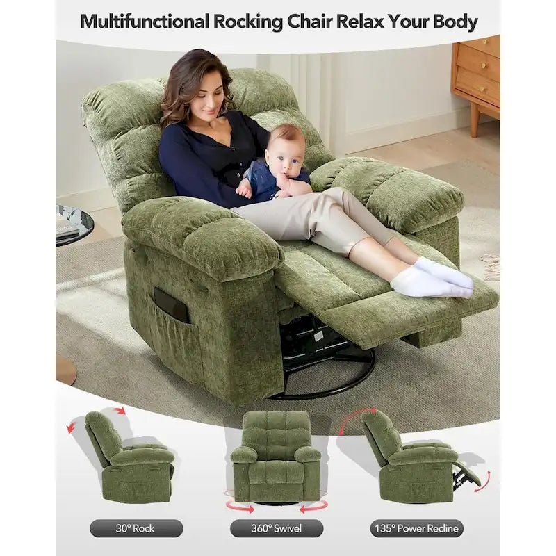 Fauteuil inclinable à bascule, fauteuil à bascule pivotant à 360° pour salon, fauteuil de nurserie rembourré en tissu avec poche latérale