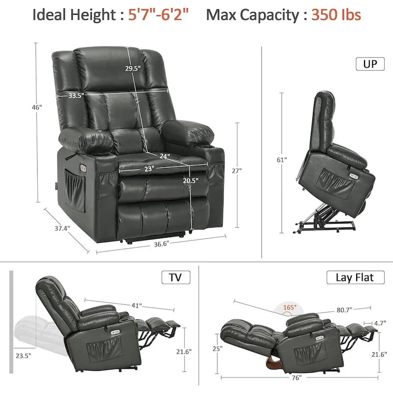 MCombo Grand canapé fauteuil inclinable électrique double moteur avec massage et chaleur pour personnes âgées de grande taille, en similicuir 7896