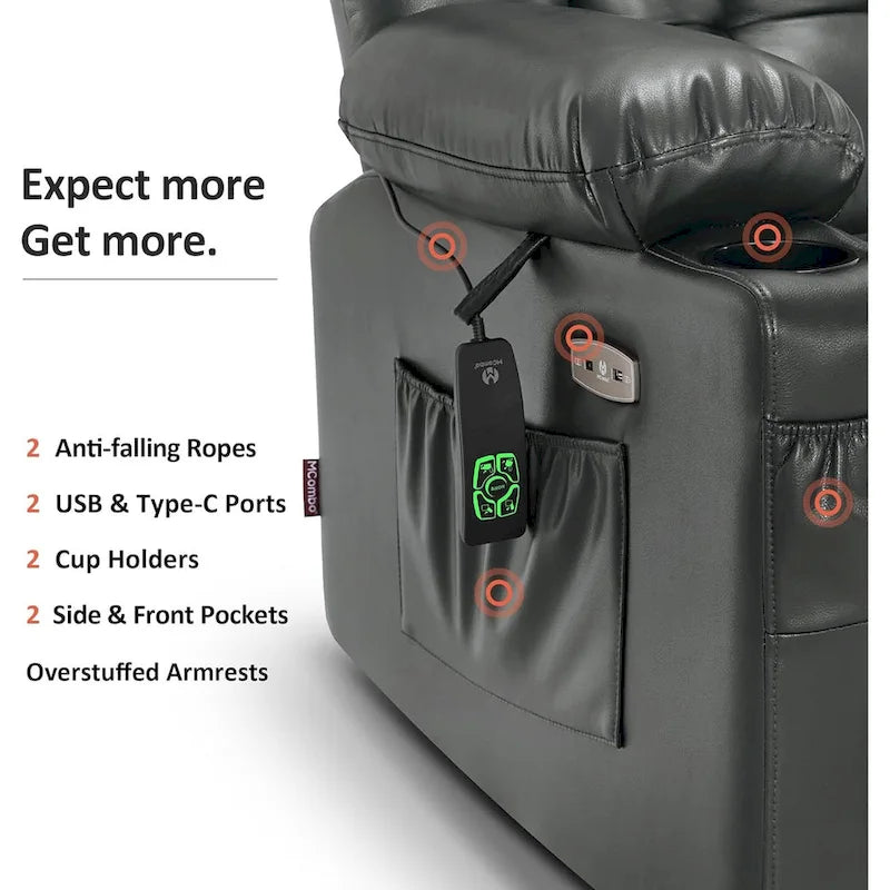 MCombo Grand canapé fauteuil inclinable électrique double moteur avec massage et chaleur pour personnes âgées de grande taille, en similicuir 7896