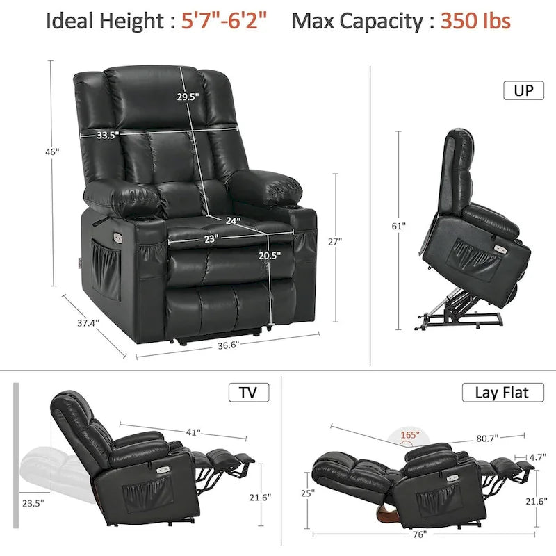 MCombo Grand canapé fauteuil inclinable électrique double moteur avec massage et chaleur pour personnes âgées de grande taille, en similicuir 7896