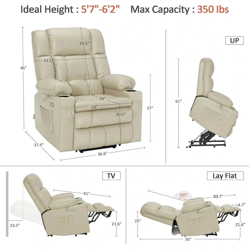 MCombo Grand canapé fauteuil inclinable électrique double moteur avec massage et chaleur pour personnes âgées de grande taille, en similicuir 7896