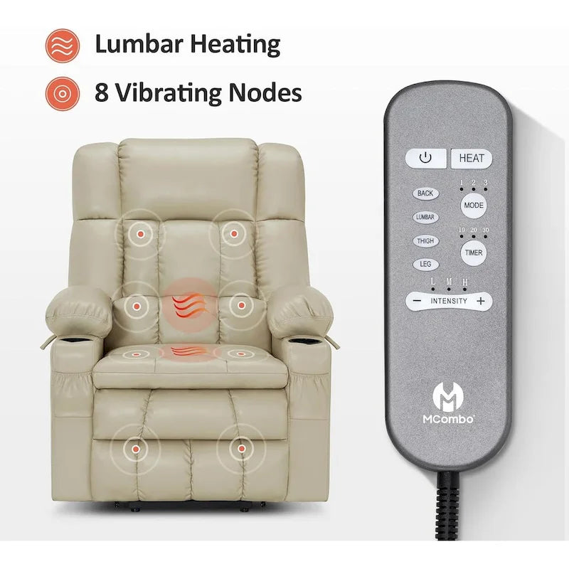 MCombo Grand canapé fauteuil inclinable électrique double moteur avec massage et chaleur pour personnes âgées de grande taille, en similicuir 7896