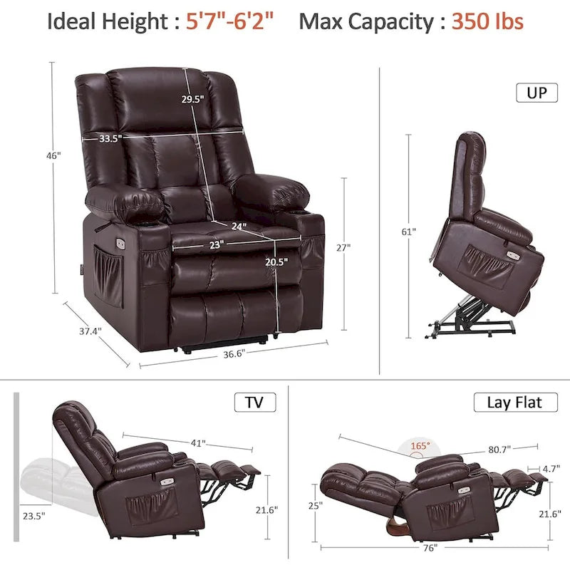 MCombo Grand canapé fauteuil inclinable électrique double moteur avec massage et chaleur pour personnes âgées de grande taille, en similicuir 7896