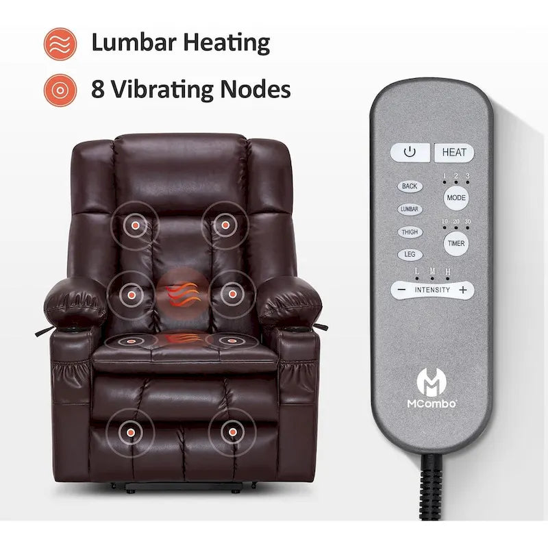 MCombo Grand canapé fauteuil inclinable électrique double moteur avec massage et chaleur pour personnes âgées de grande taille, en similicuir 7896