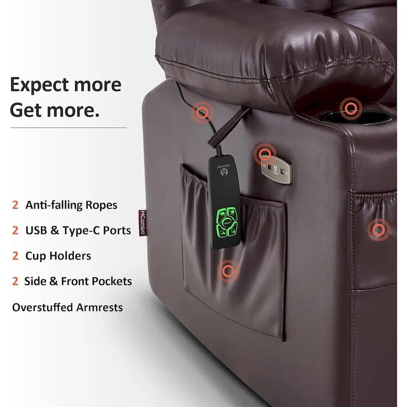 MCombo Grand canapé fauteuil inclinable électrique double moteur avec massage et chaleur pour personnes âgées de grande taille, en similicuir 7896
