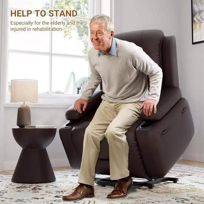 Fauteuil inclinable releveur avec massage, porte-gobelets et pochette latérale.