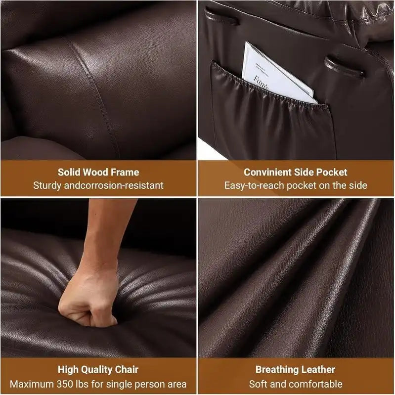 Fauteuil inclinable releveur avec massage, porte-gobelets et pochette latérale.