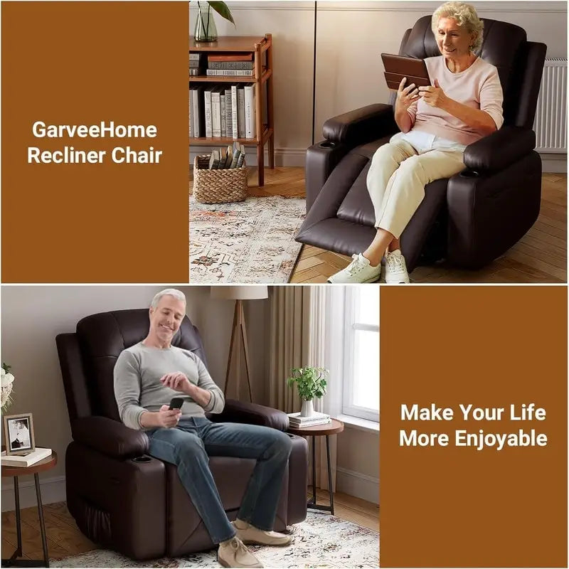 Fauteuil inclinable releveur avec massage, porte-gobelets et pochette latérale.