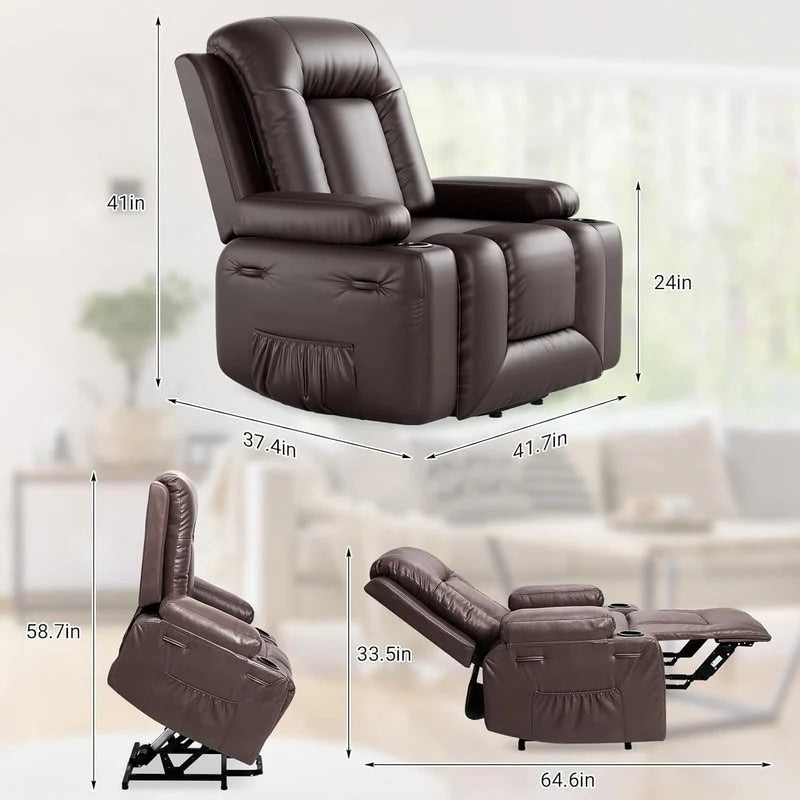 Fauteuil inclinable releveur avec massage, porte-gobelets et pochette latérale.