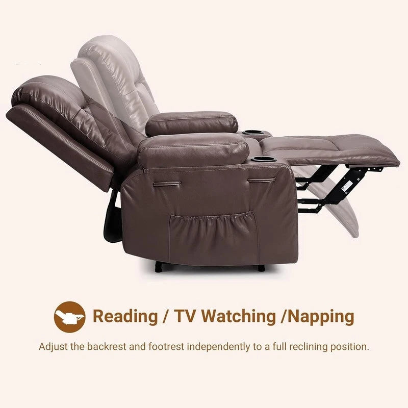 Fauteuil inclinable releveur avec massage, porte-gobelets et pochette latérale.