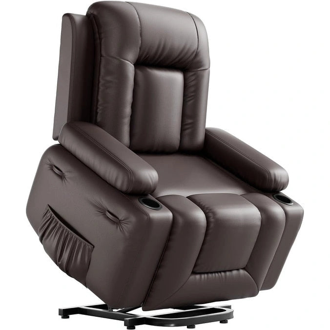 Fauteuil inclinable releveur avec massage, porte-gobelets et pochette latérale.