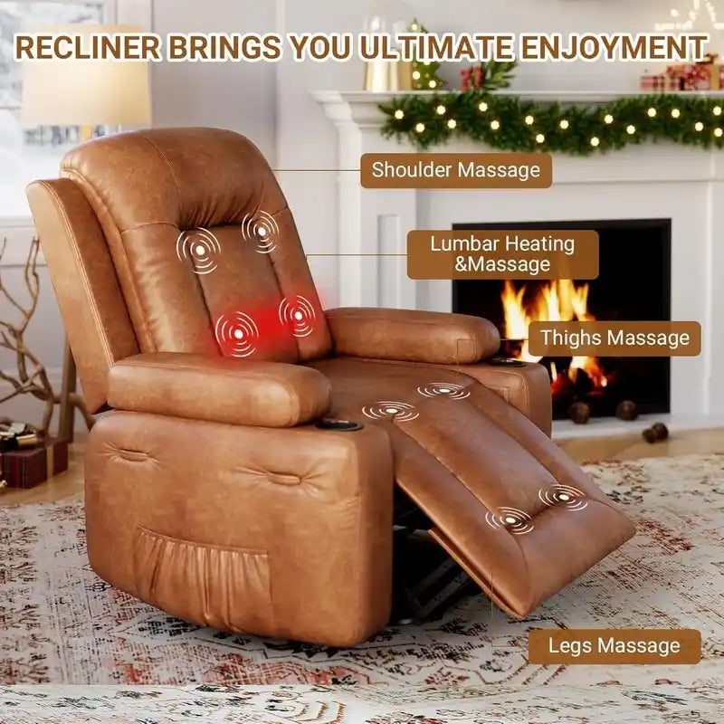 Fauteuil inclinable releveur avec massage, porte-gobelets et pochette latérale.