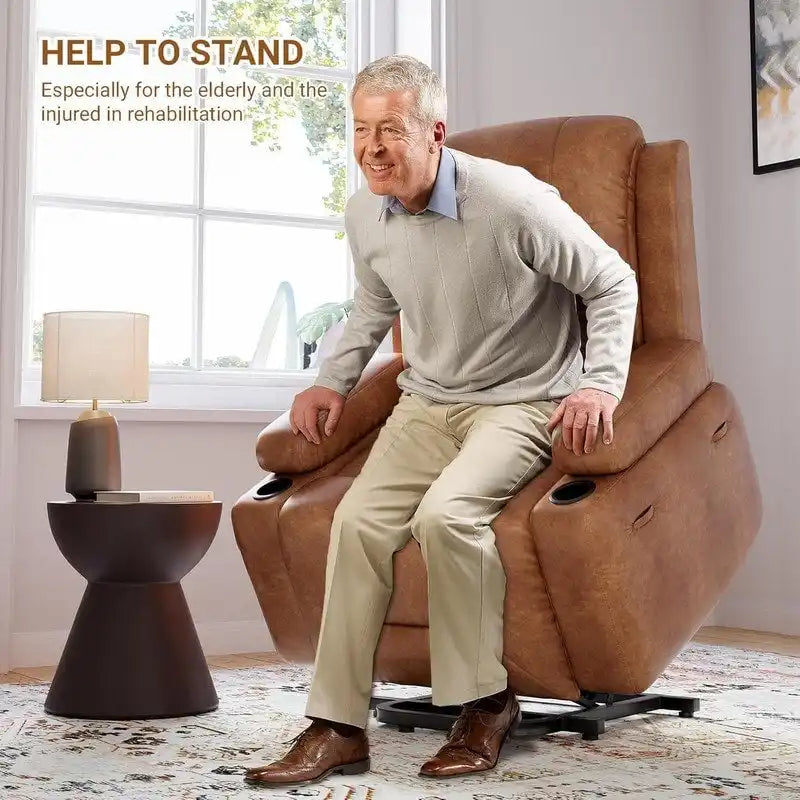 Fauteuil inclinable releveur avec massage, porte-gobelets et pochette latérale.