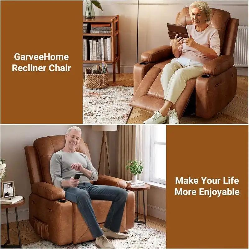 Fauteuil inclinable releveur avec massage, porte-gobelets et pochette latérale.