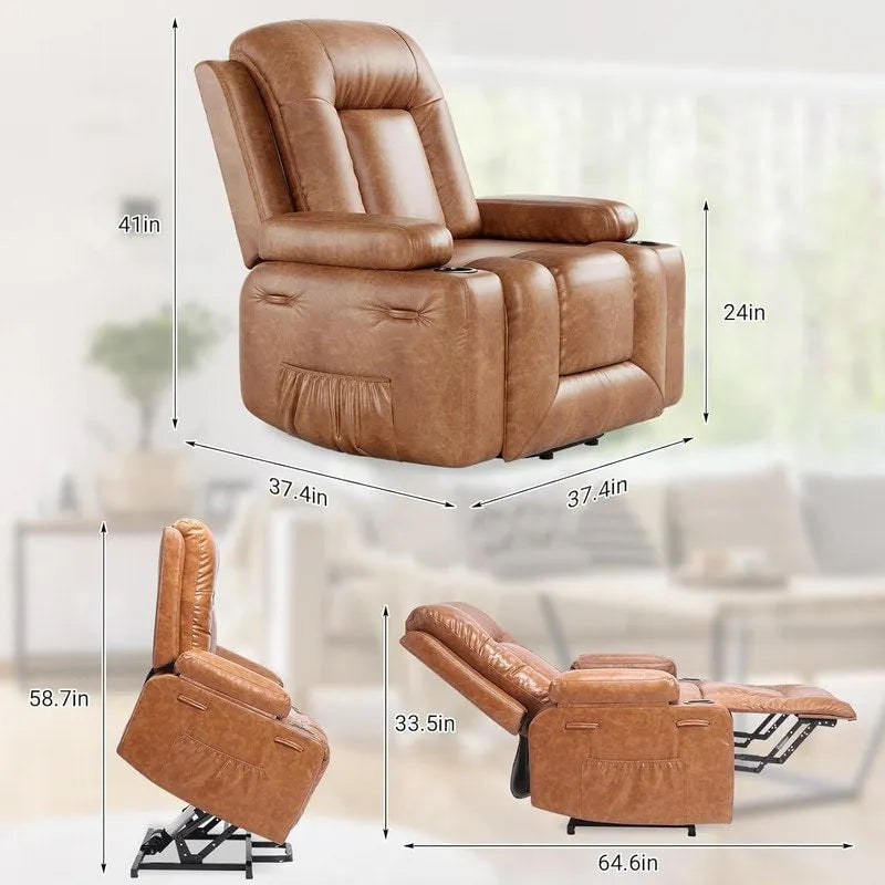 Fauteuil inclinable releveur avec massage, porte-gobelets et pochette latérale.