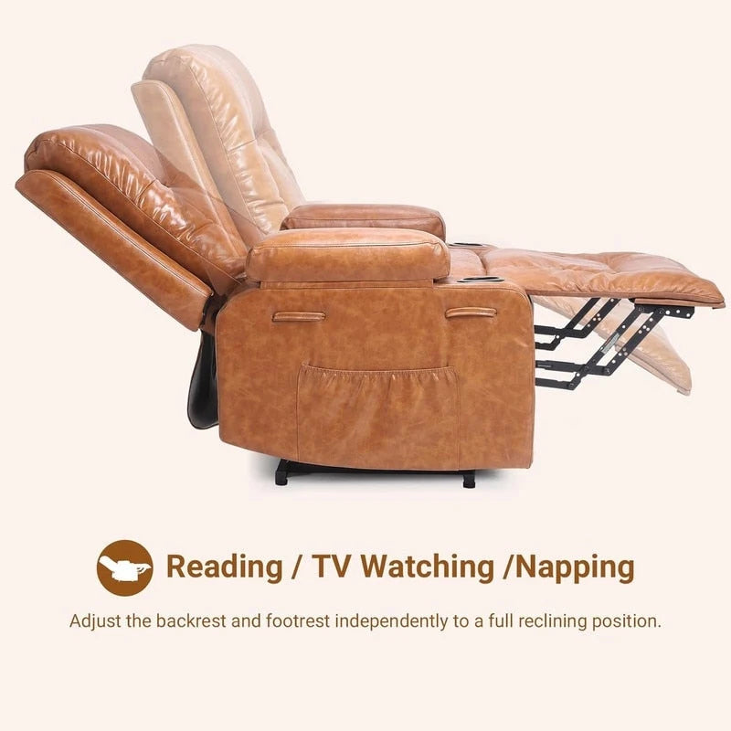 Fauteuil inclinable releveur avec massage, porte-gobelets et pochette latérale.