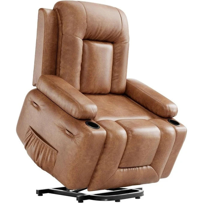 Fauteuil inclinable releveur avec massage, porte-gobelets et pochette latérale.