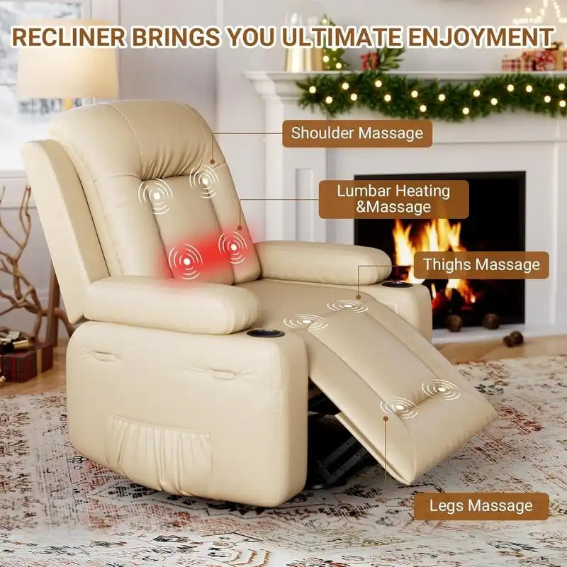 Fauteuil inclinable releveur avec massage, porte-gobelets et pochette latérale.