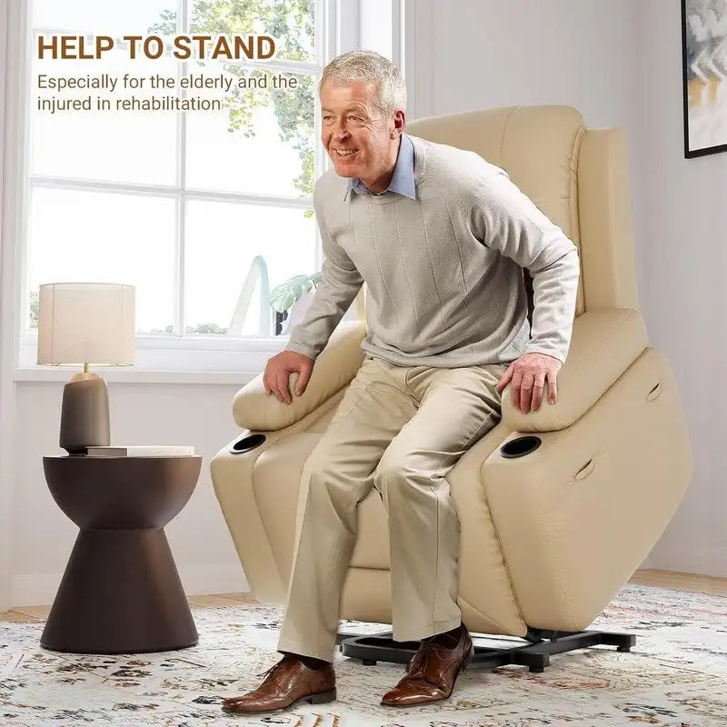 Fauteuil inclinable releveur avec massage, porte-gobelets et pochette latérale.