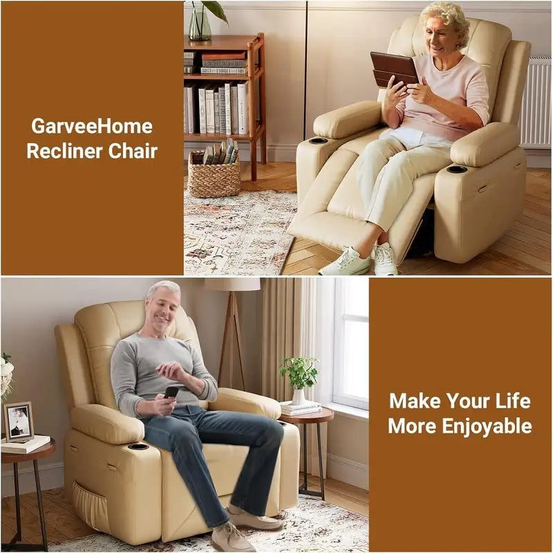 Fauteuil inclinable releveur avec massage, porte-gobelets et pochette latérale.