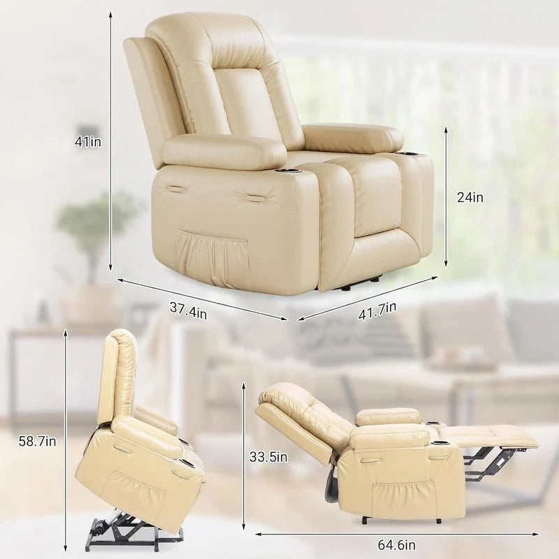Fauteuil inclinable releveur avec massage, porte-gobelets et pochette latérale.