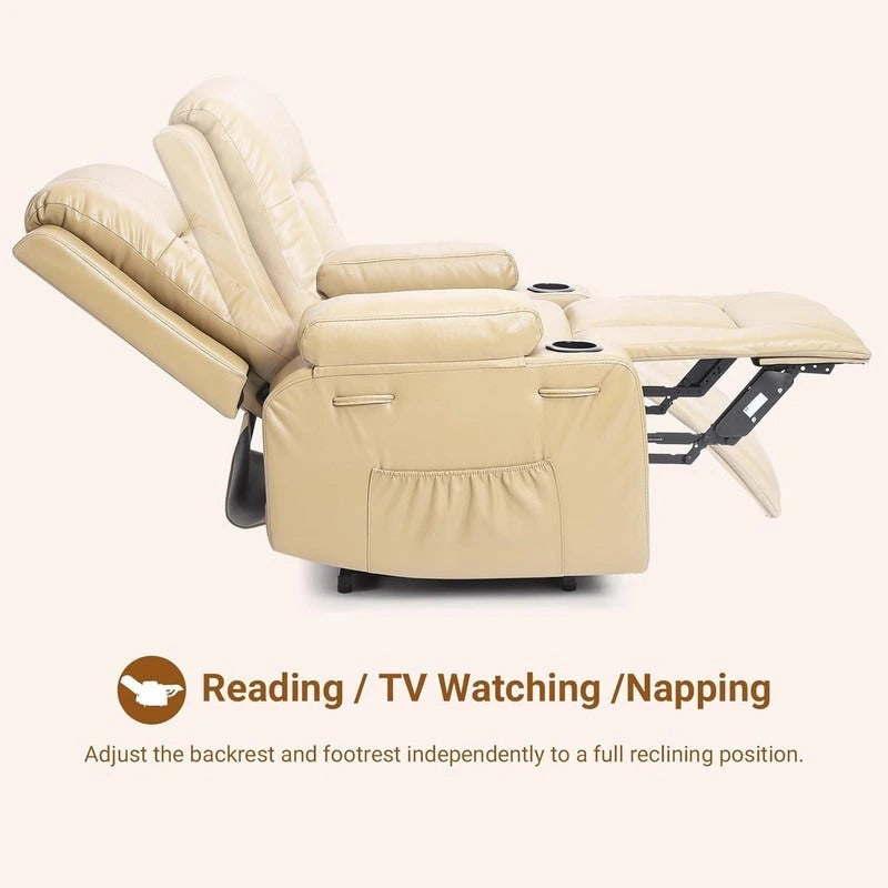 Fauteuil inclinable releveur avec massage, porte-gobelets et pochette latérale.