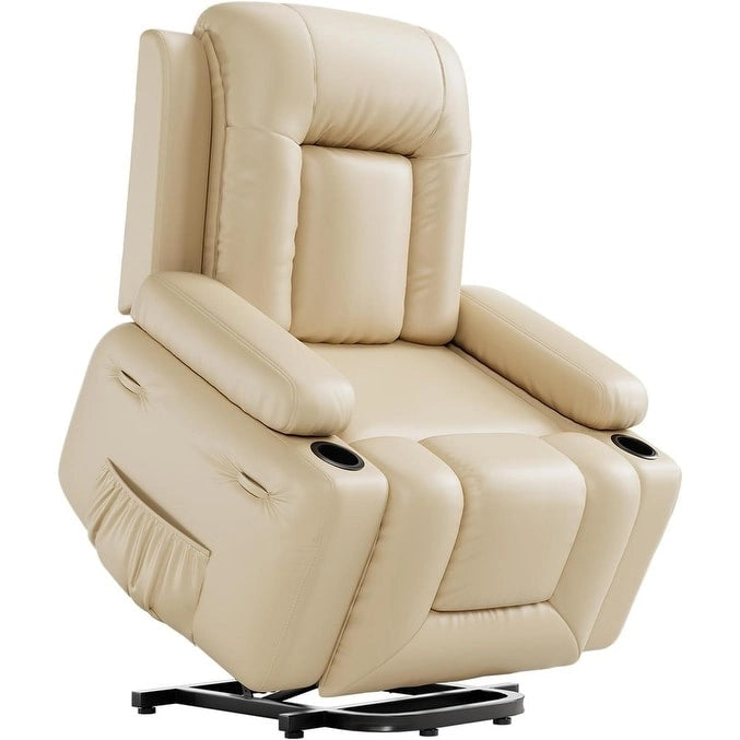 Fauteuil inclinable releveur avec massage, porte-gobelets et pochette latérale.