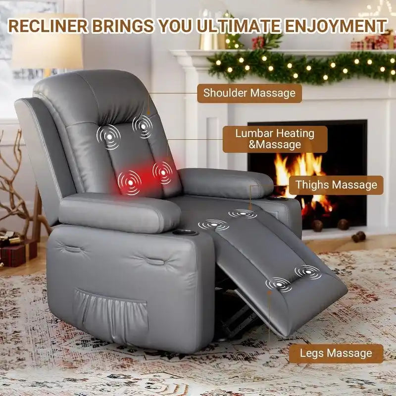Fauteuil inclinable releveur avec massage, porte-gobelets et pochette latérale.