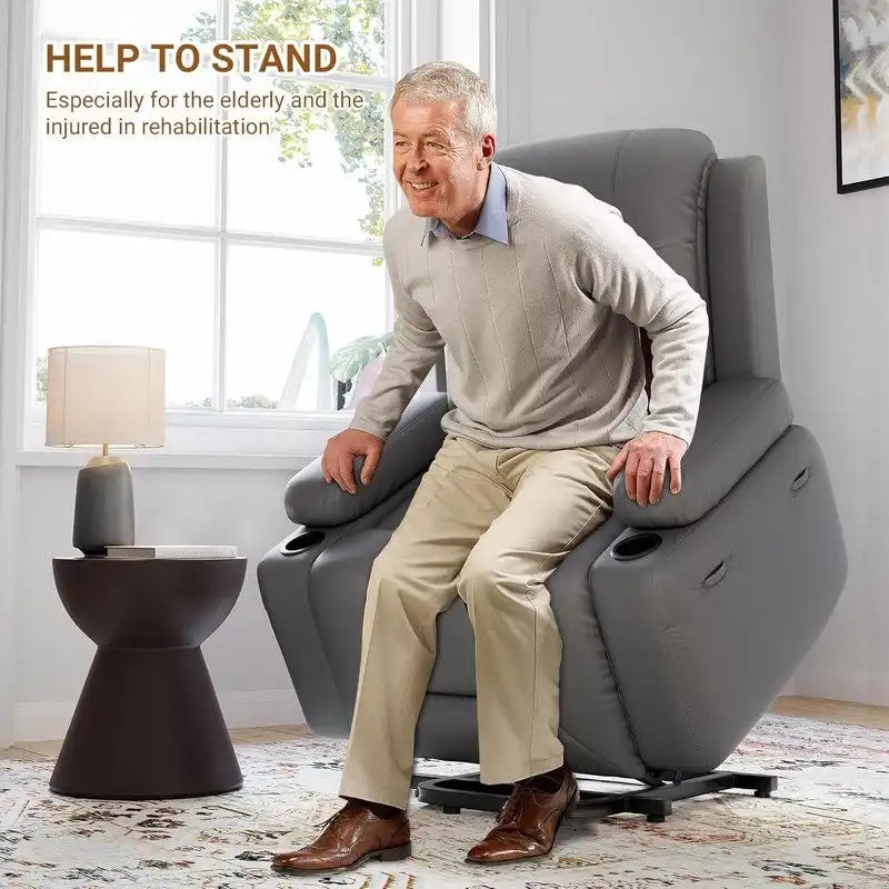 Fauteuil inclinable releveur avec massage, porte-gobelets et pochette latérale.