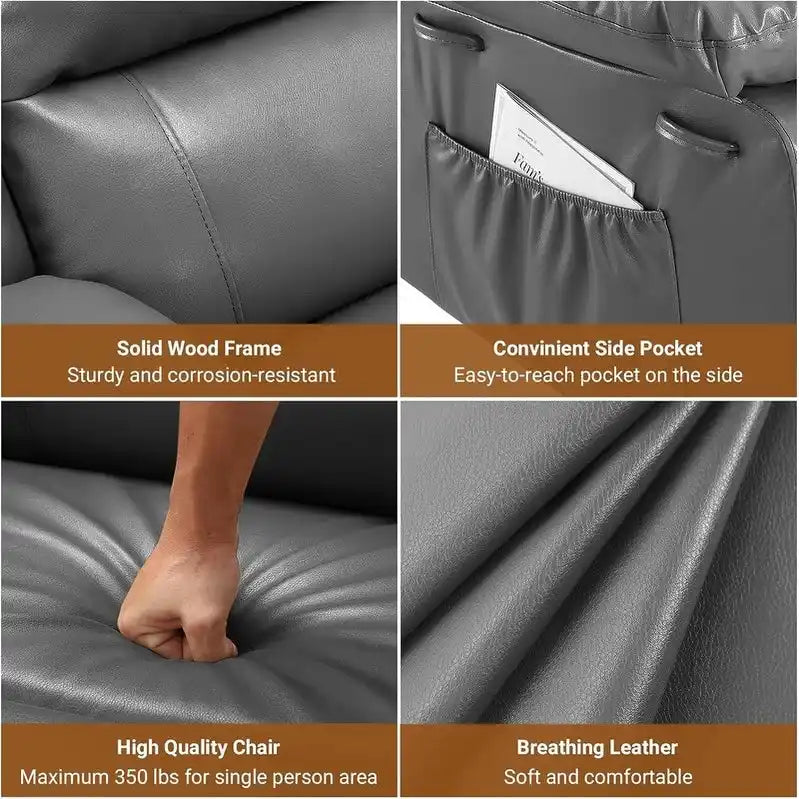 Fauteuil inclinable releveur avec massage, porte-gobelets et pochette latérale.
