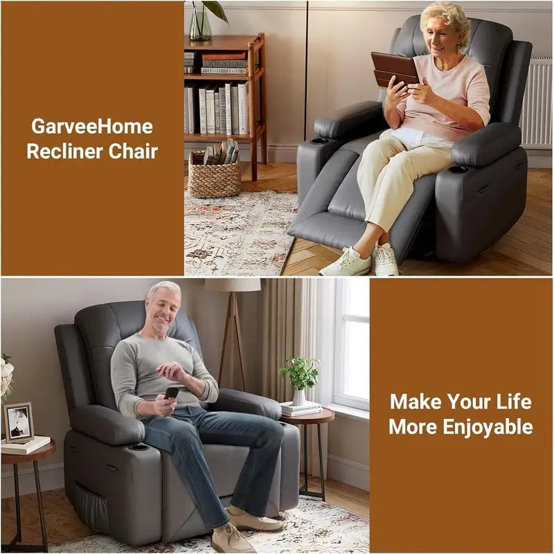 Fauteuil inclinable releveur avec massage, porte-gobelets et pochette latérale.