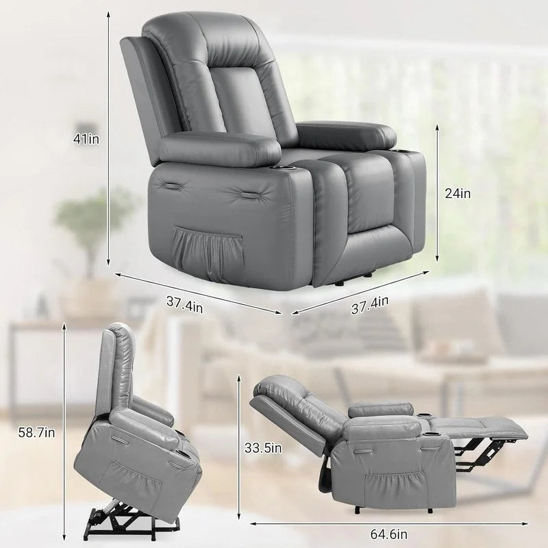 Fauteuil inclinable releveur avec massage, porte-gobelets et pochette latérale.