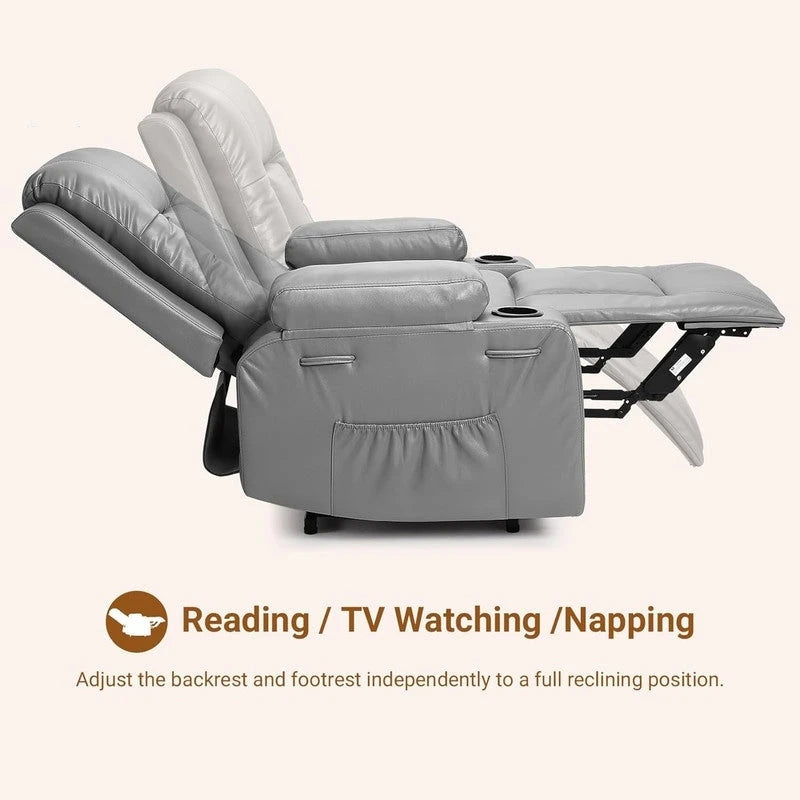 Fauteuil inclinable releveur avec massage, porte-gobelets et pochette latérale.