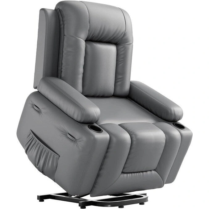 Fauteuil inclinable releveur avec massage, porte-gobelets et pochette latérale.