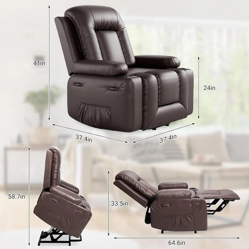 Fauteuil inclinable releveur avec massage, porte-gobelets et pochette latérale.
