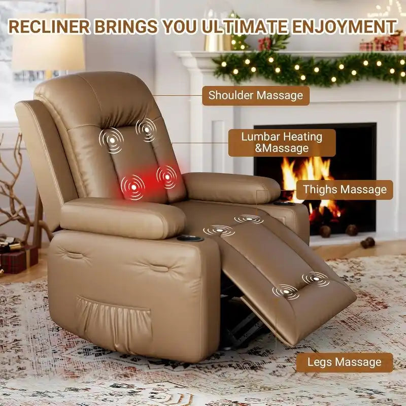 Fauteuil inclinable releveur avec massage, porte-gobelets et pochette latérale.