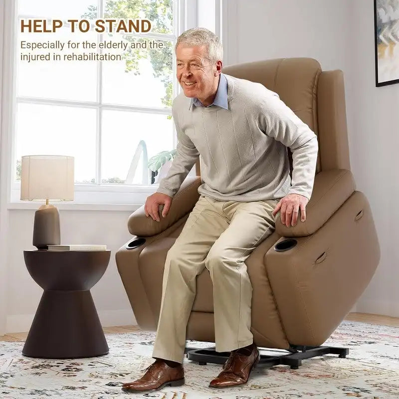 Fauteuil inclinable releveur avec massage, porte-gobelets et pochette latérale.