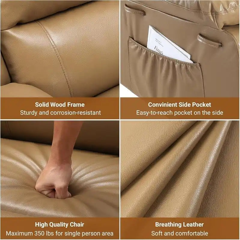 Fauteuil inclinable releveur avec massage, porte-gobelets et pochette latérale.