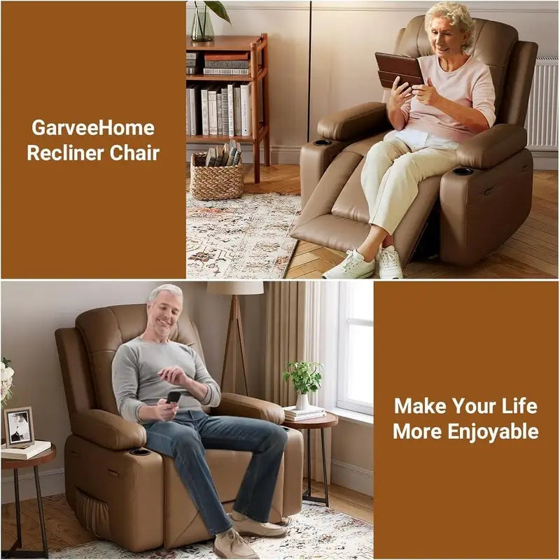Fauteuil inclinable releveur avec massage, porte-gobelets et pochette latérale.