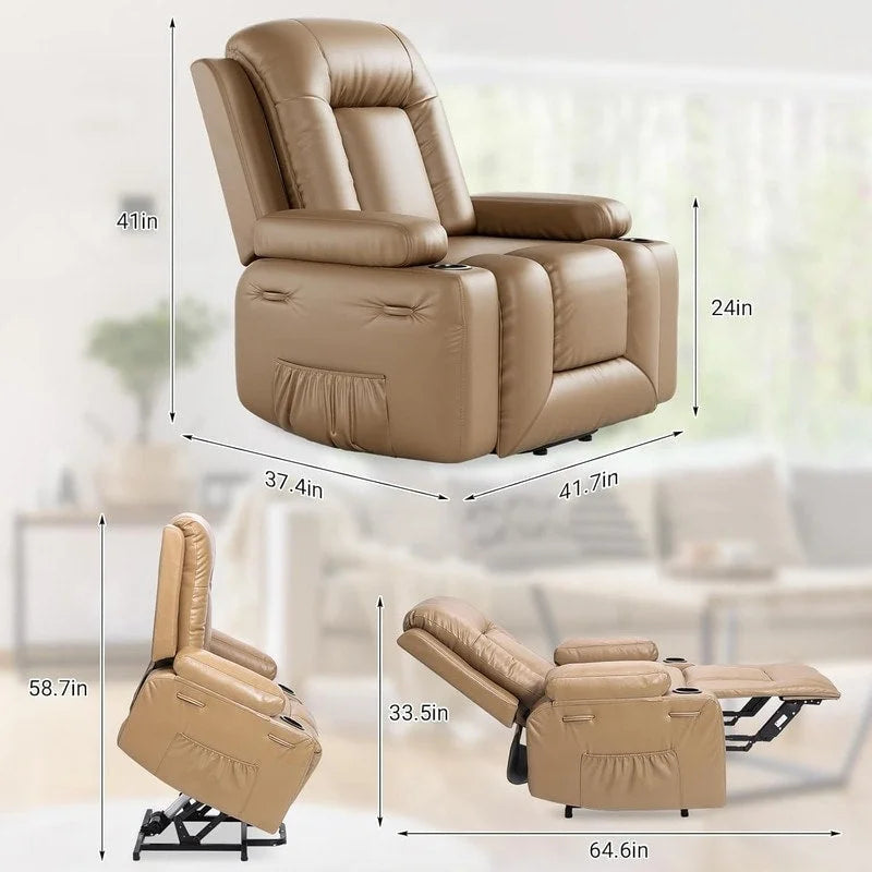 Fauteuil inclinable releveur avec massage, porte-gobelets et pochette latérale.